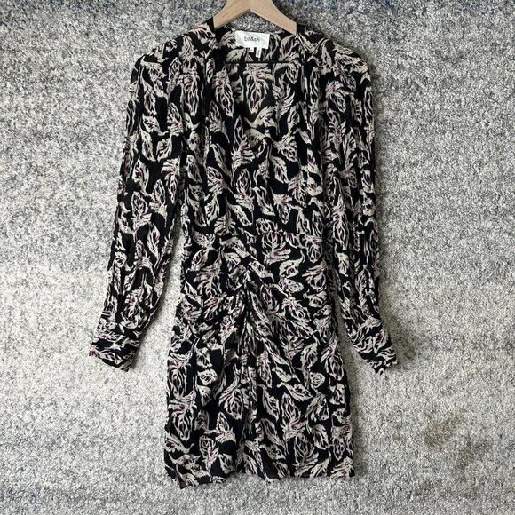 ba&sh Dress Womens XS Black Gize Ruched Long Sleeve Mini Abstract Print 1E22GIZE - Picture 1 of 9